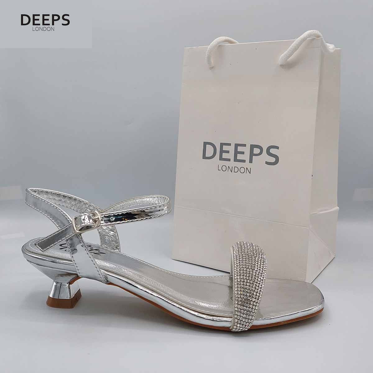 Front view of women's Glimmer low flared heel sandals with diamante embellishments in silver, sparkling London style from DeepsLondon.