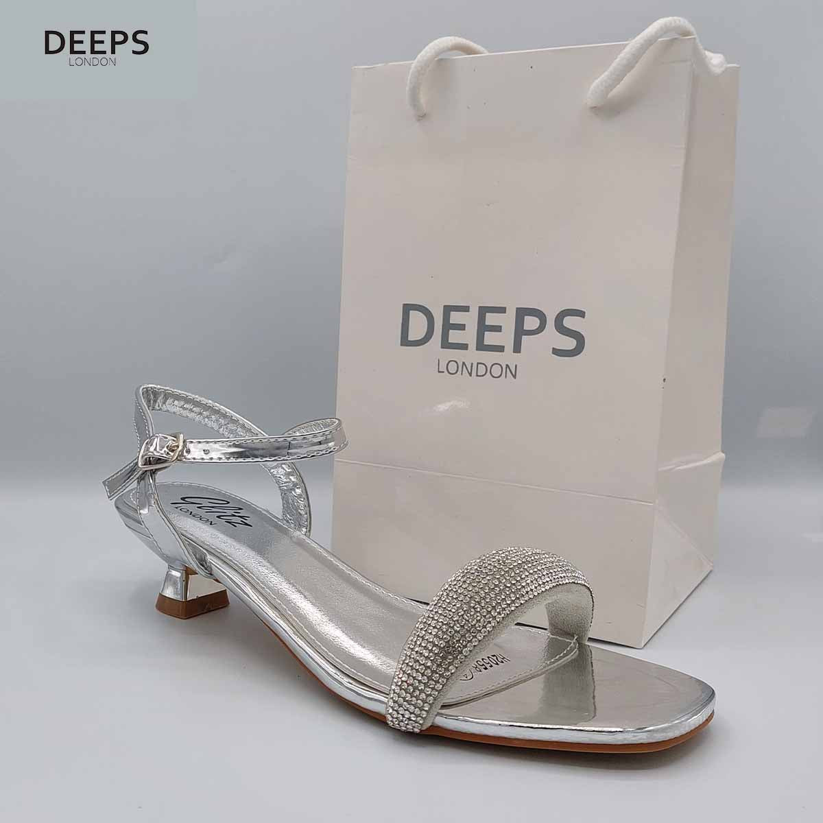 Side profile of women's Glimmer low flared heel sandals with diamante embellishments in silver, showcasing the low flared heel and sparkling straps for London fashion.