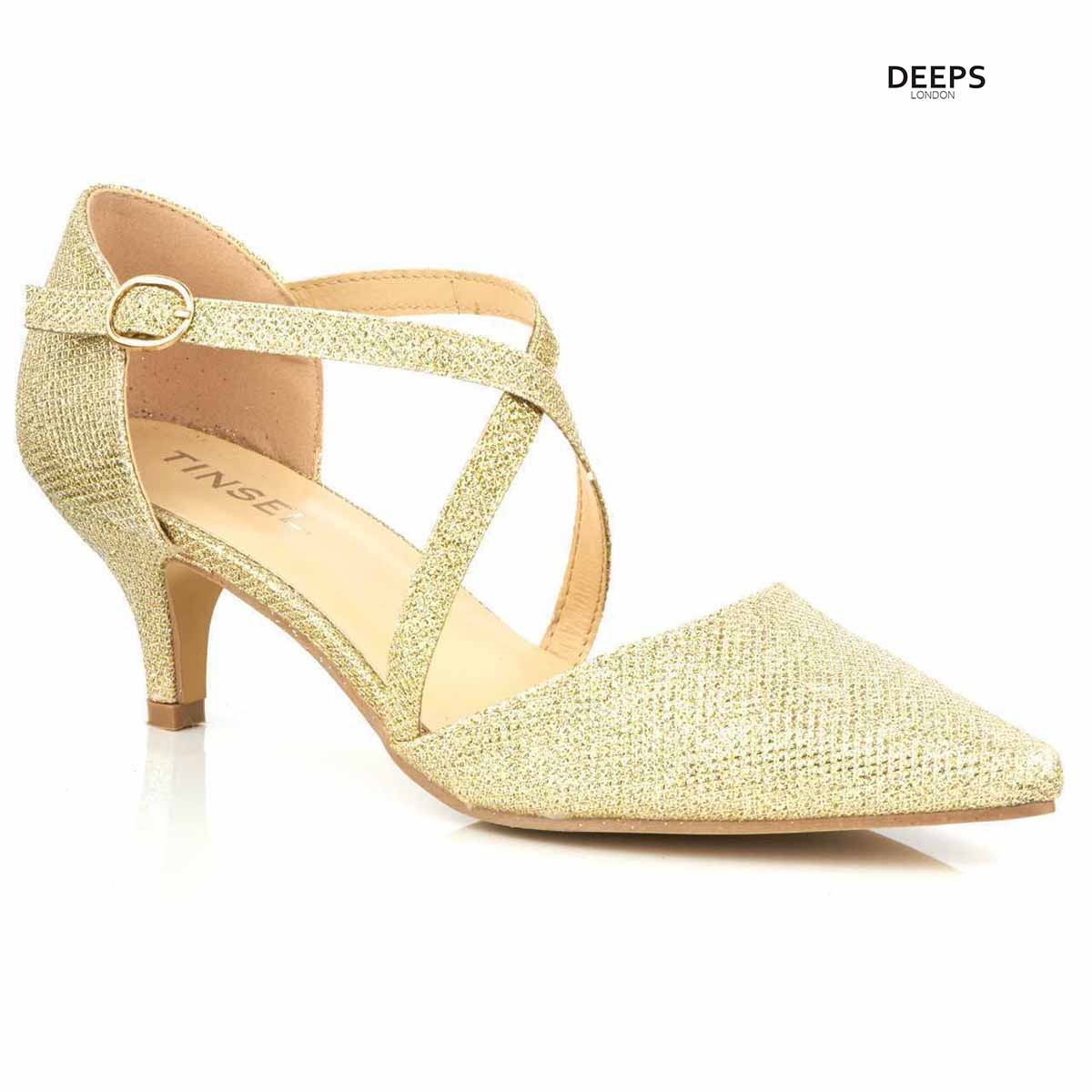 Front view of Illuminate diamante ankle strap kitten heel court shoes in Gold Glitter, showcasing the elegant kitten heel and sparkling ankle straps, London style from DeepsLondon.