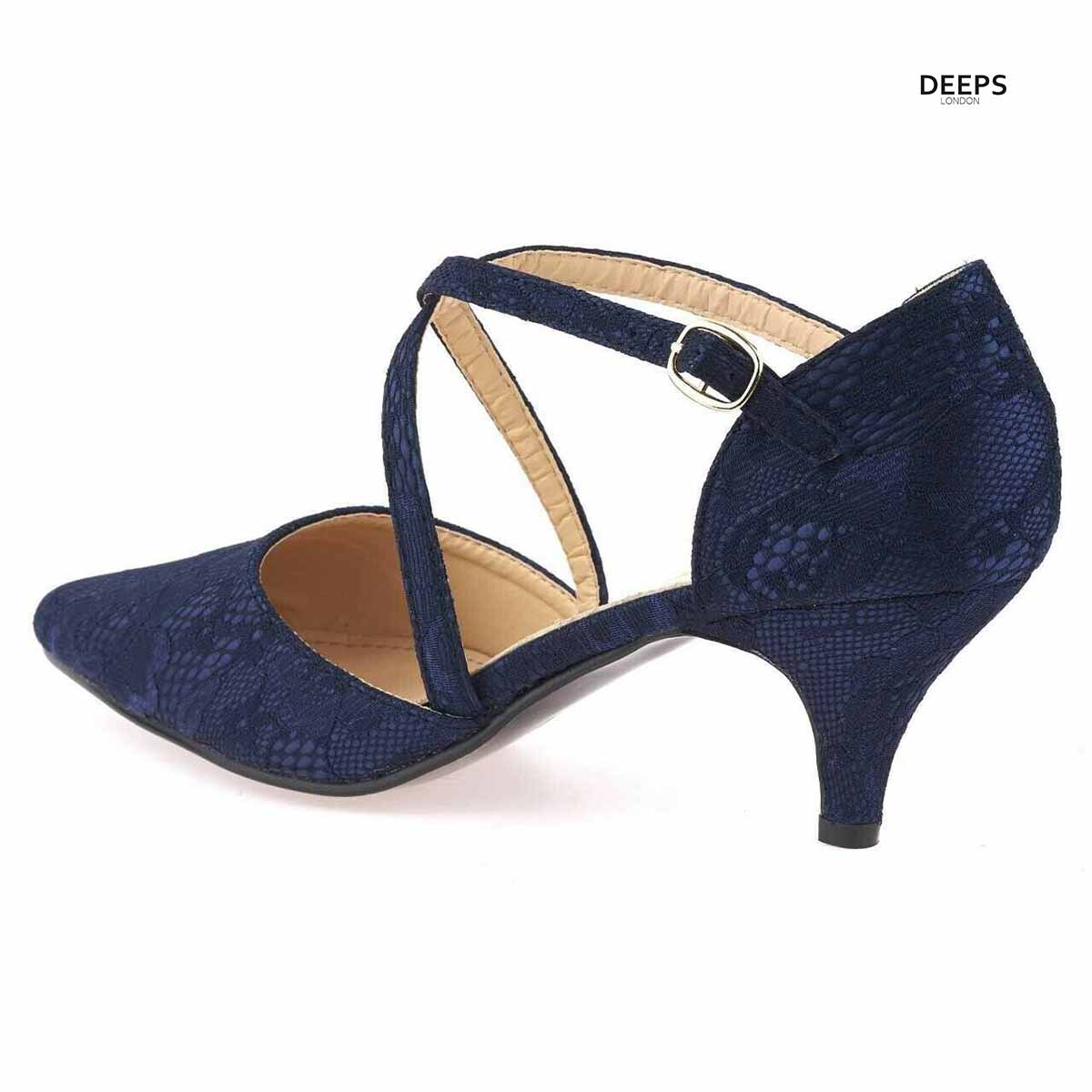Close-up of the diamante ankle straps on Illuminate kitten heel courts in Navy, showcasing the exquisite sparkle, London style from DeepsLondon.