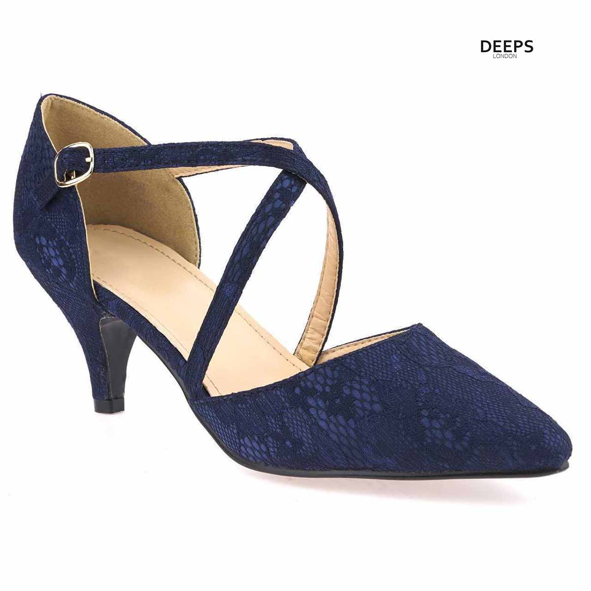 Front view of Illuminate diamante ankle strap kitten heel court shoes in Navy lace, showcasing the elegant kitten heel and sparkling ankle straps, London style from DeepsLondon.