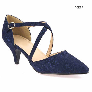 Front view of Illuminate diamante ankle strap kitten heel court shoes in Navy lace, showcasing the elegant kitten heel and sparkling ankle straps, London style from DeepsLondon.