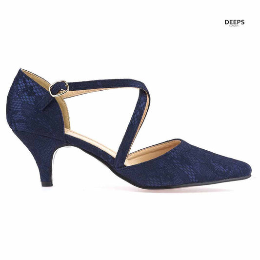 Side profile of Illuminate diamante ankle strap kitten heel court shoes in Navy lace, highlighting the comfortable kitten heel and stylish strap design, London style from DeepsLondon.