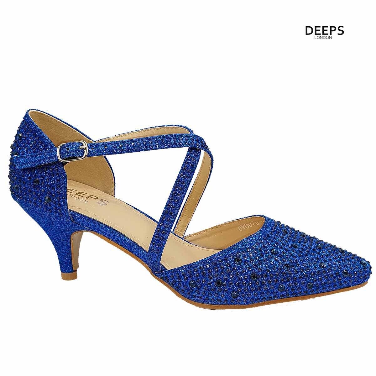 ide profile of Illuminate diamante ankle strap kitten heel court shoes in Navy, highlighting the comfortable kitten heel and stylish strap design, London style from DeepsLondon.
