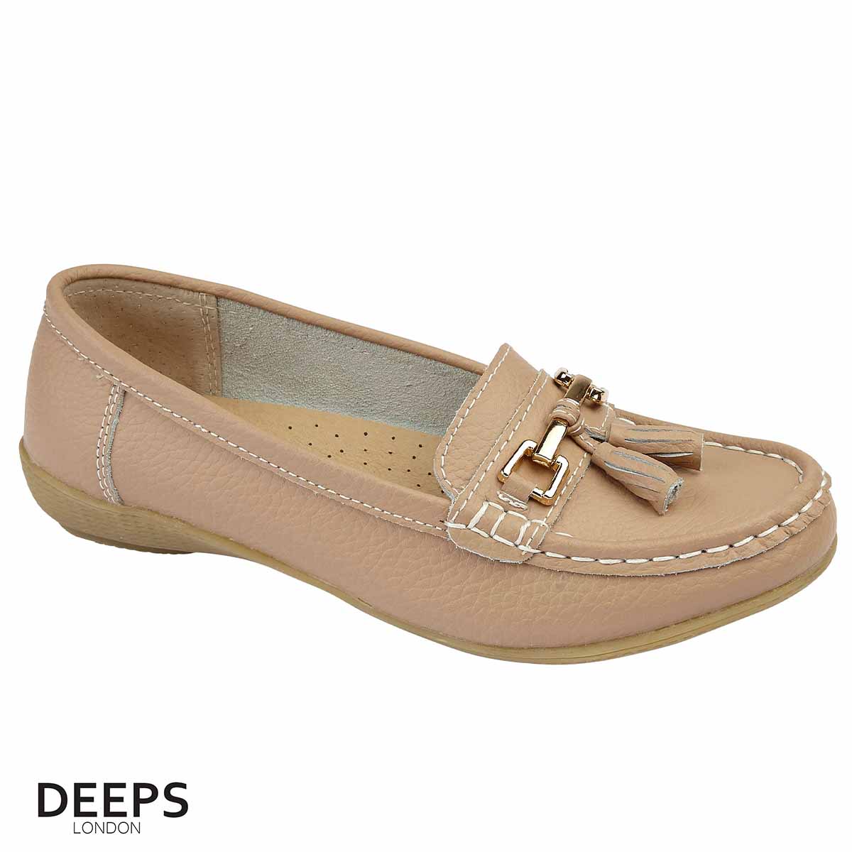 Side profile of women's leather slip-on mocassin/boat shoe in beige with tassels, showcasing its comfortable design for London wear.