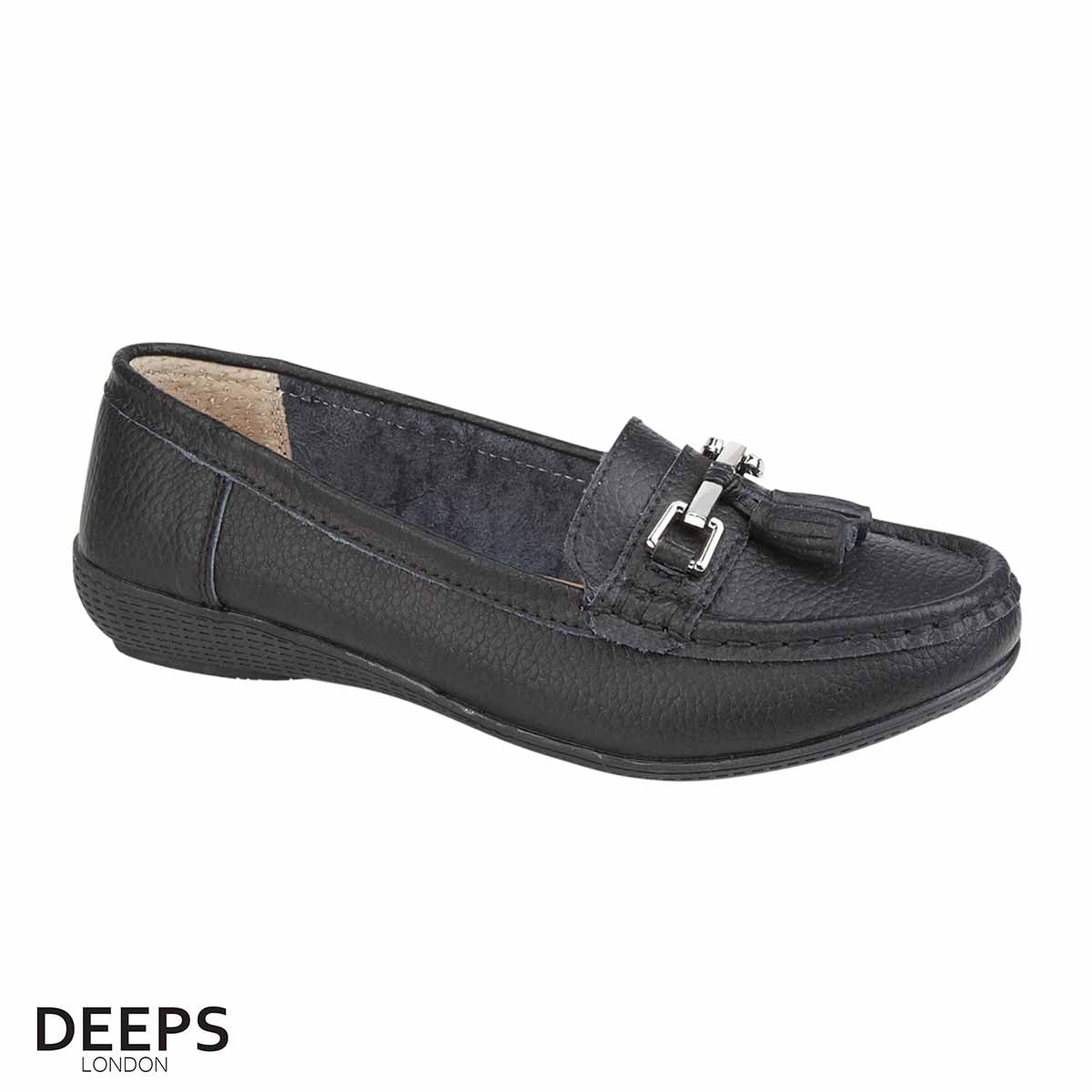Front view of women's leather slip-on casual shoe in Black with tassel detail, a versatile style from DeepsLondon.