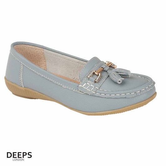 Front view of women's leather slip-on casual shoe in light blue with tassel detail, a versatile style from DeepsLondon.