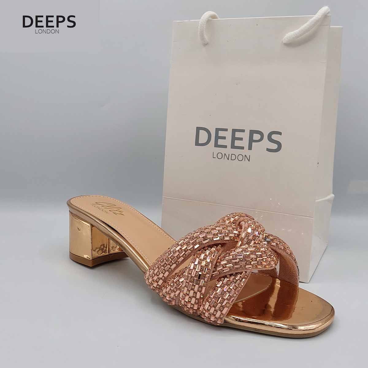 Front view of Lenora plaited gemstone band block heel mules in champagne, showcasing the comfortable block heel and sparkling gemstone strap, London style from DeepsLondon.