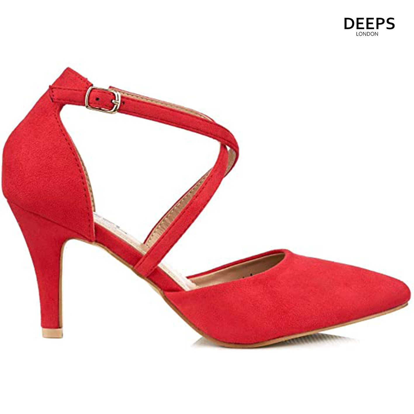 Close-up of the knitted heel and strap design on women's low court shoes in red, highlighting their elegant features suitable for parties and weddings in London.