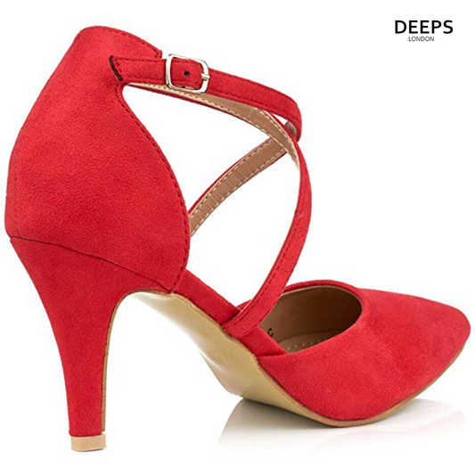Side profile of women's low knitted heel strappy court shoes in red, showcasing the low knitted heel and delicate strap detailing for London fashion.