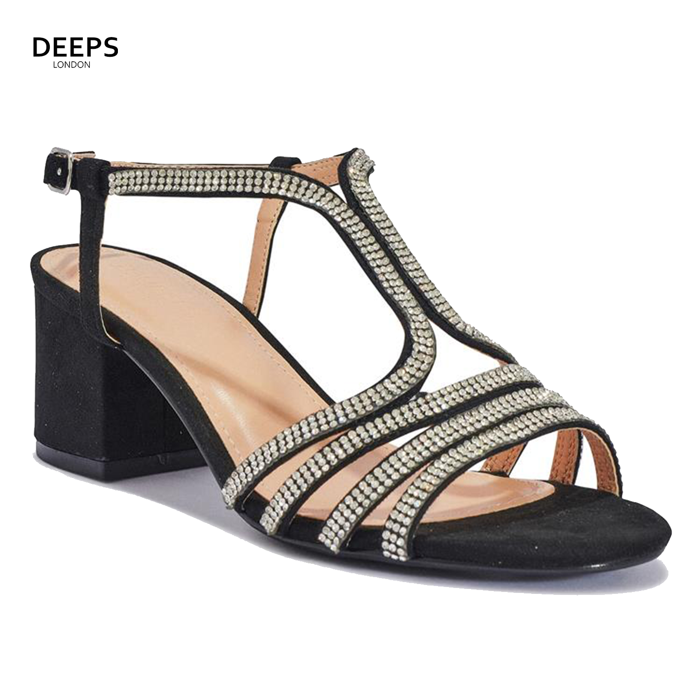 Front view of women's Lumina open toe block heel sandals with diamante detail in black, radiant London style from DeepsLondon.