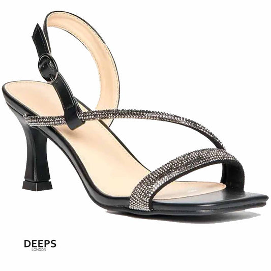 Front view of Madi diamante embellished square toe heeled sandals in black, showcasing the stylish square toe and sparkling diamante straps, London style from DeepsLondon.