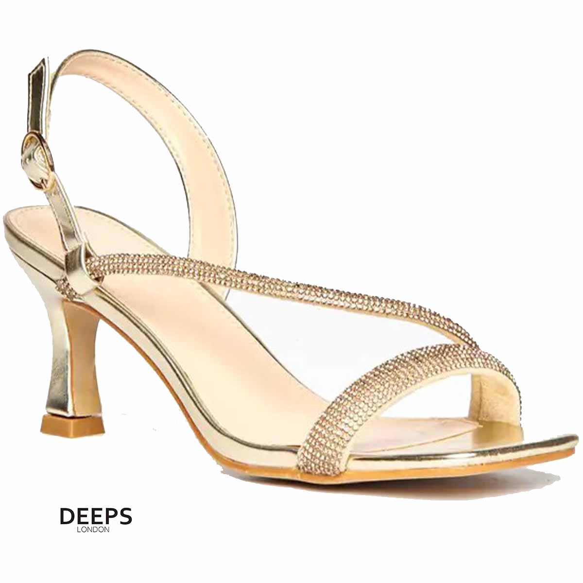 Front view of Madi diamante embellished square toe heeled sandals in gold, showcasing the stylish square toe and sparkling diamante straps, London style from DeepsLondon.