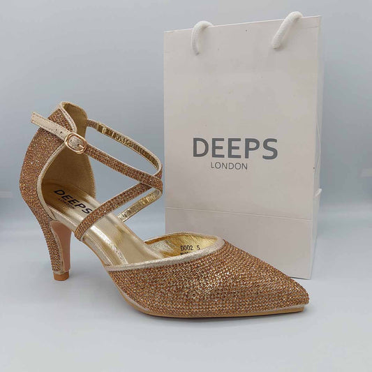 Front view of women's Maya low knitted heel strappy court shoes in gold, elegant London occasion wear from DeepsLondon.
