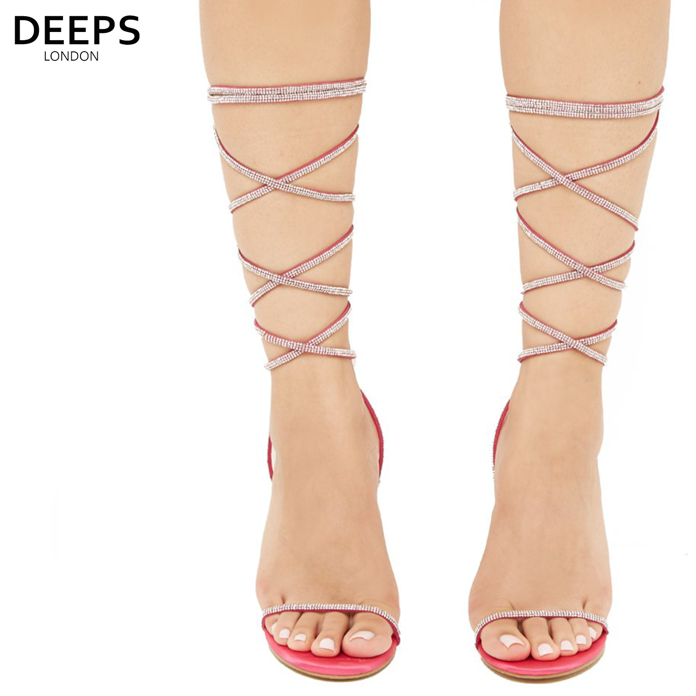 Front view of women's Nomi satin rhinestone lace-up heels in pink, glamorous London party style from DeepsLondon.