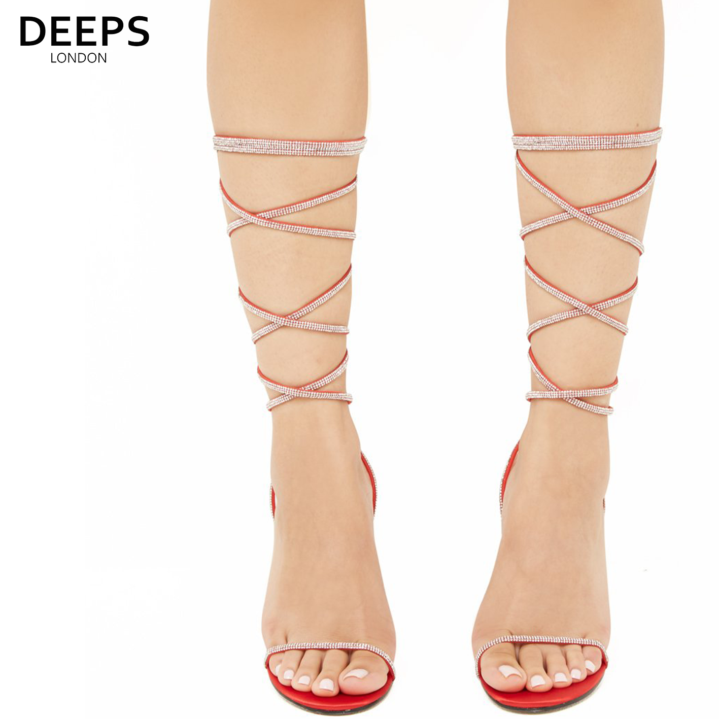 Front view of women's Nomi satin rhinestone lace-up heels in red, glamorous London party style from DeepsLondon.