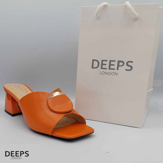 Front view of women's open toe mule sandal with block heel in Orange, a comfortable and stylish choice for London life from DeepsLondon.