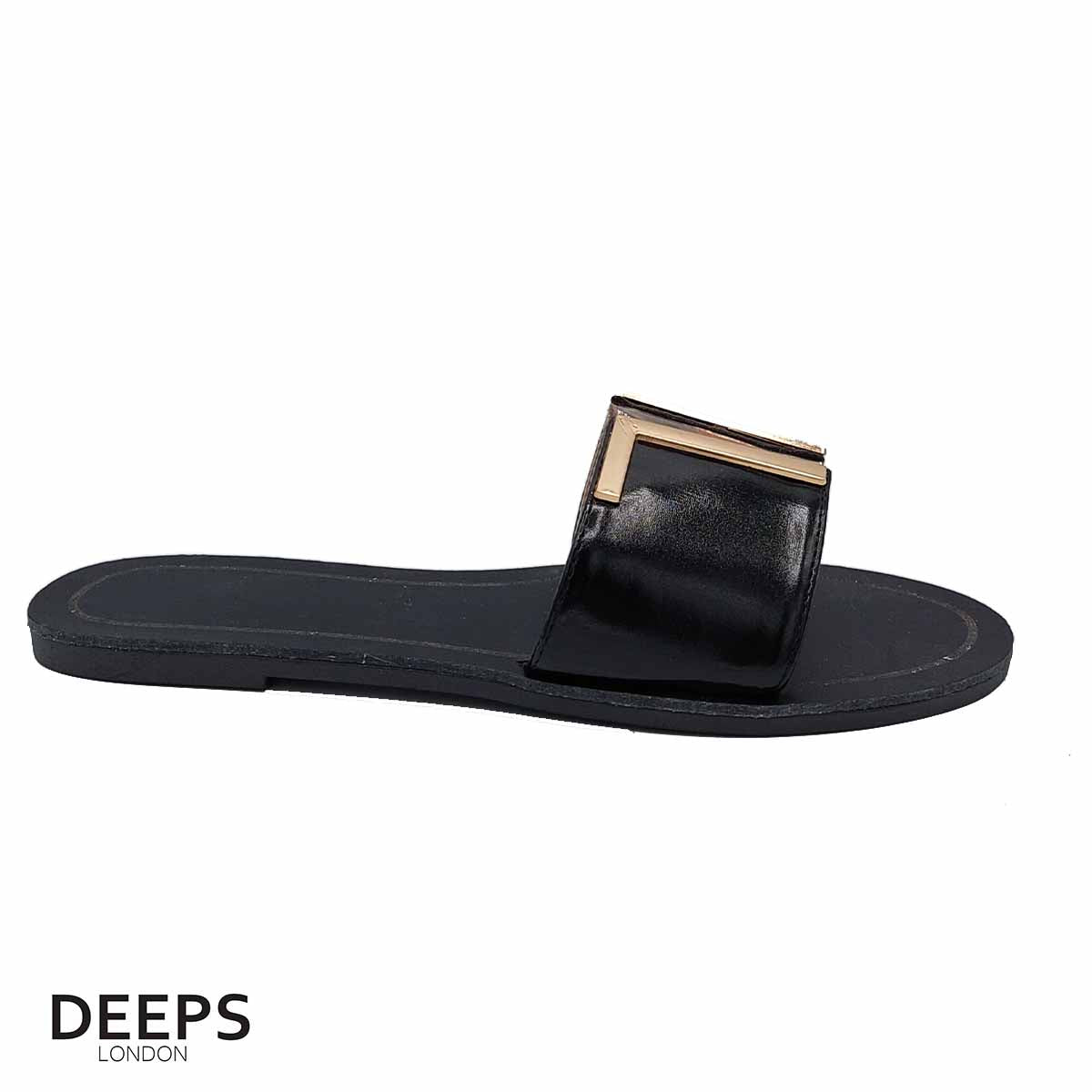 Front view of women's black open toe flat slider sandals with a gold bar detail, a chic and versatile option for London.