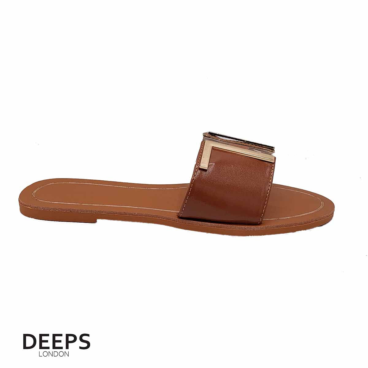 Side profile of women's brown open toe flat slider sandals featuring a gold bar detail, showcasing their easy slip-on style for London comfort.