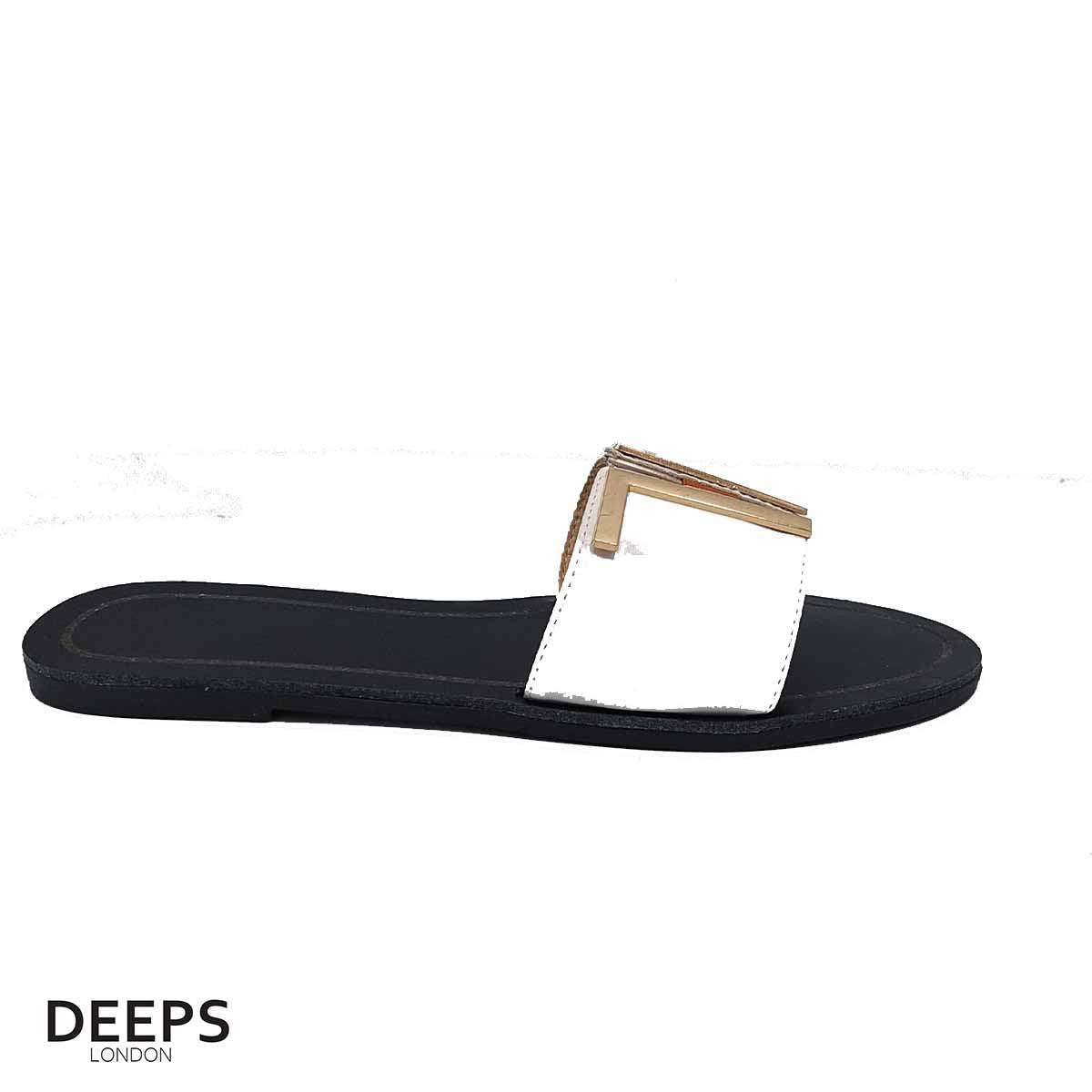 Front view of women's white open toe flat slider sandals with a gold bar detail, a chic and versatile option for London.
