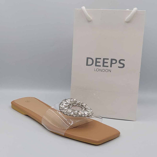 Side profile of women's beige perspex flat slider sandals showcasing the diamante detail on the transparent strap, perfect for London fashion.