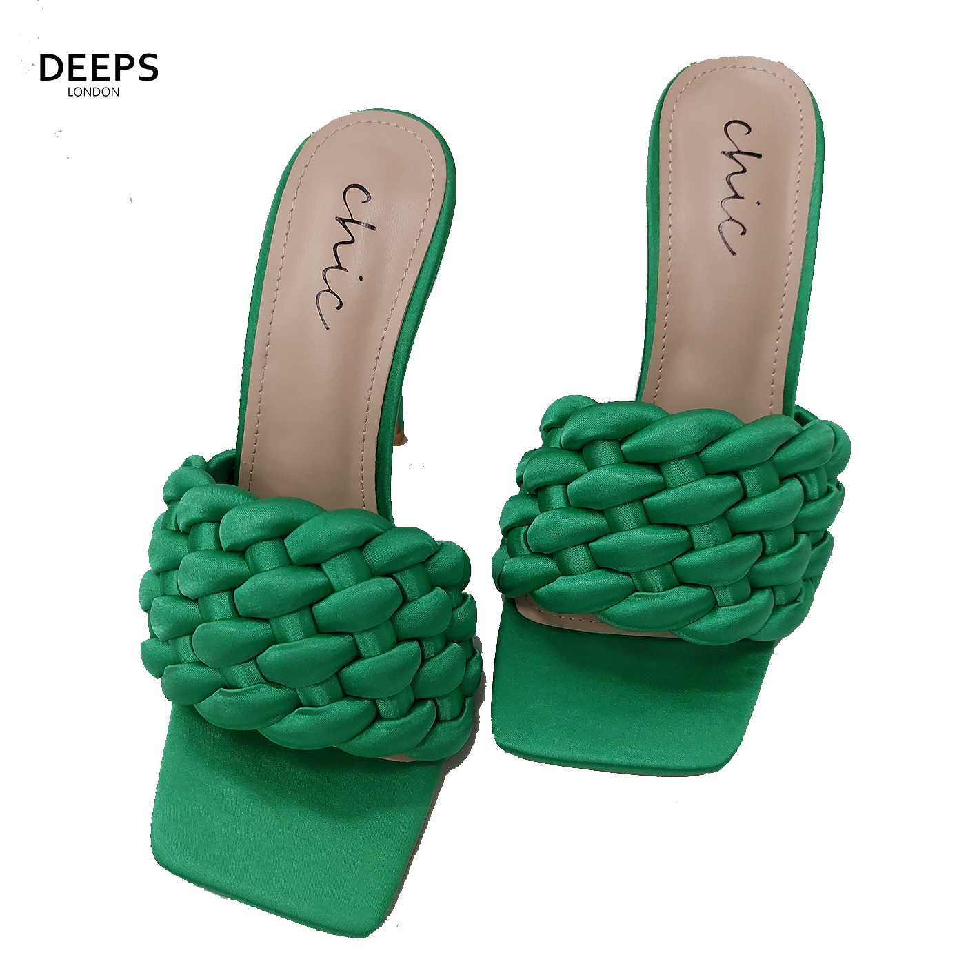 Side profile of women's Piper satin high heel mules in Green Satin, showcasing the high heel and sleek silhouette for London fashion.
