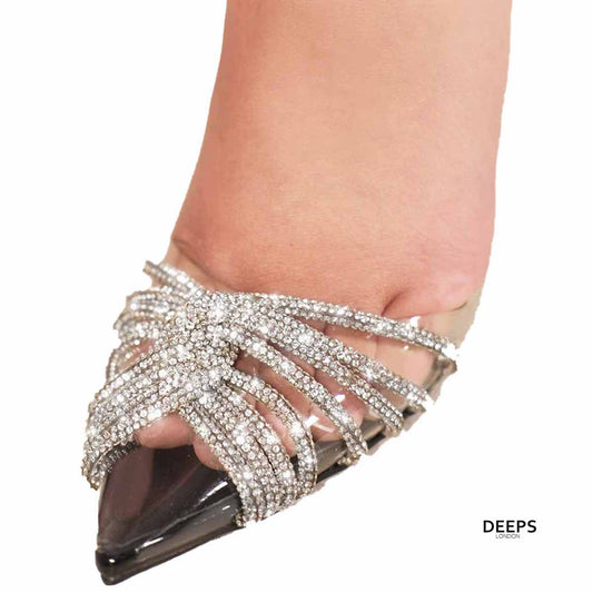 Close-up of the diamante embellishments and pointed toe on women's Princeza stiletto heels in black, highlighting their elegant and sparkling features from DeepsLondon.