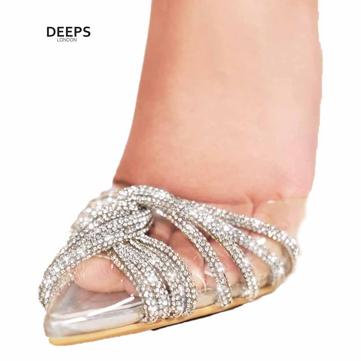 Close-up of the diamante embellishments and pointed toe on women's Princeza stiletto heels in silver, highlighting their elegant and sparkling features from DeepsLondon.