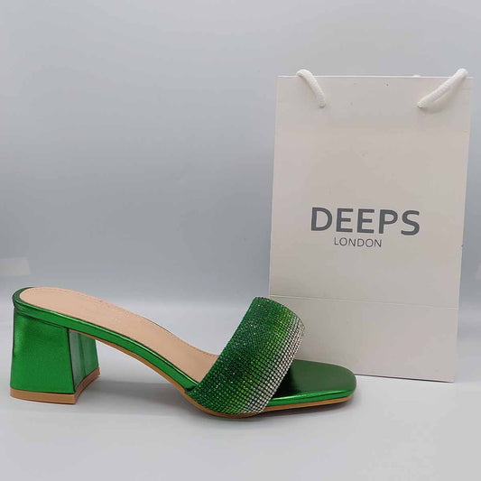 Side profile of women's slip-on open toe rhinestone diamante party slider mule sandals in green, showcasing the block heel and sparkling embellishments for London fashion.