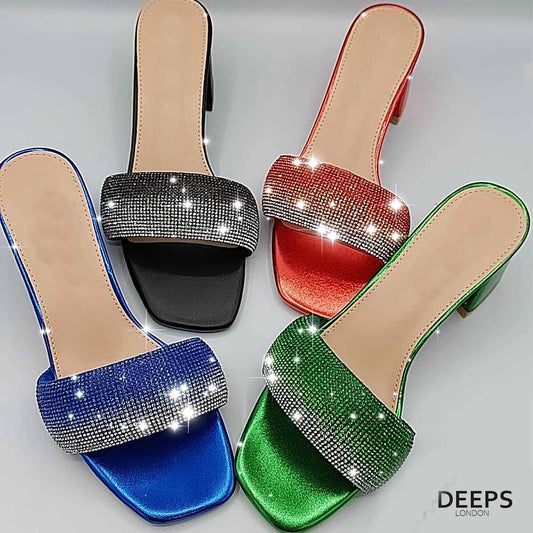 Front view of women's slip-on open toe rhinestone diamante party slider mule sandals in red, blue, green and black, glamorous footwear for London events from DeepsLondon.