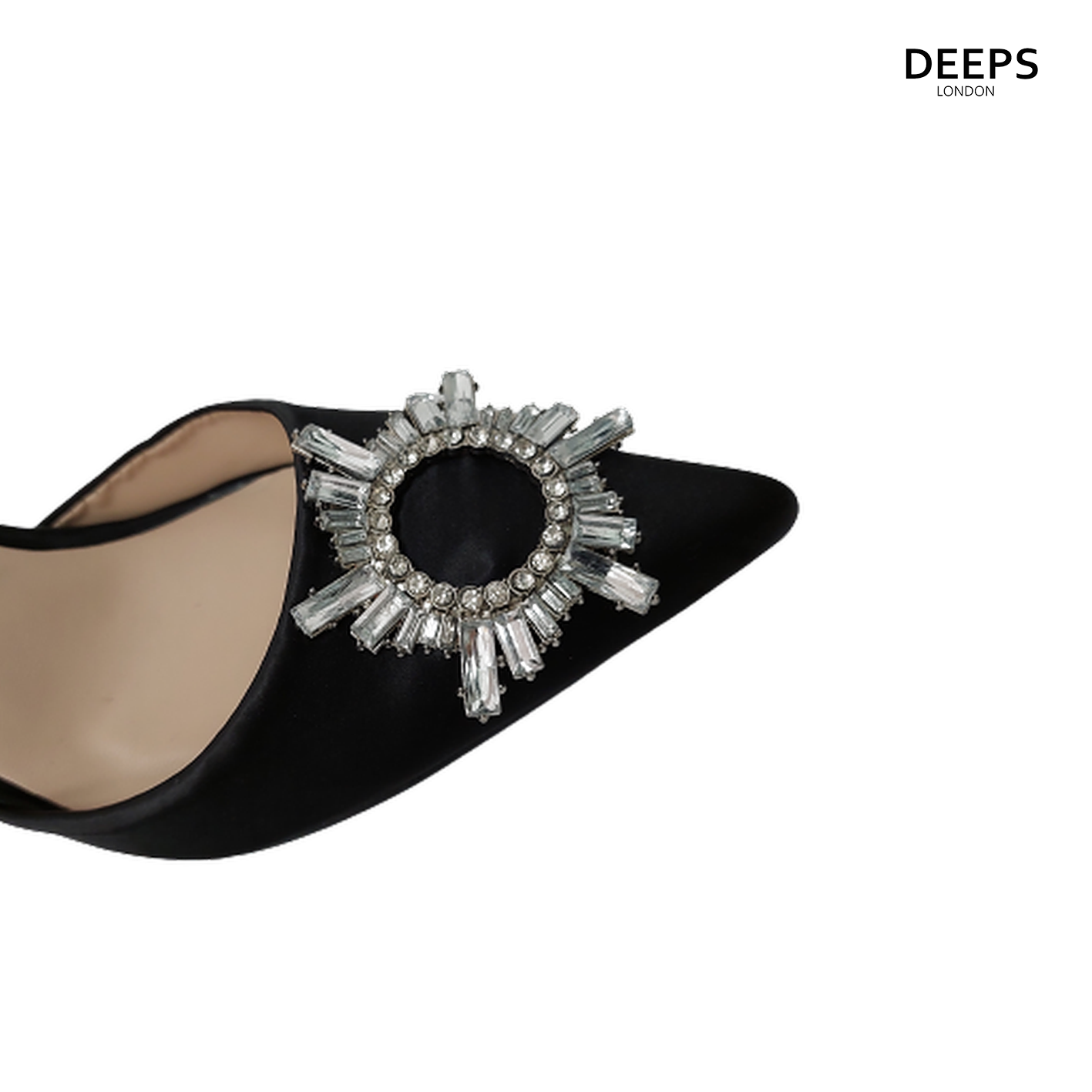 Close-up of the diamante detail on women's satin court shoes in Black, highlighting their elegant features from DeepsLondon.