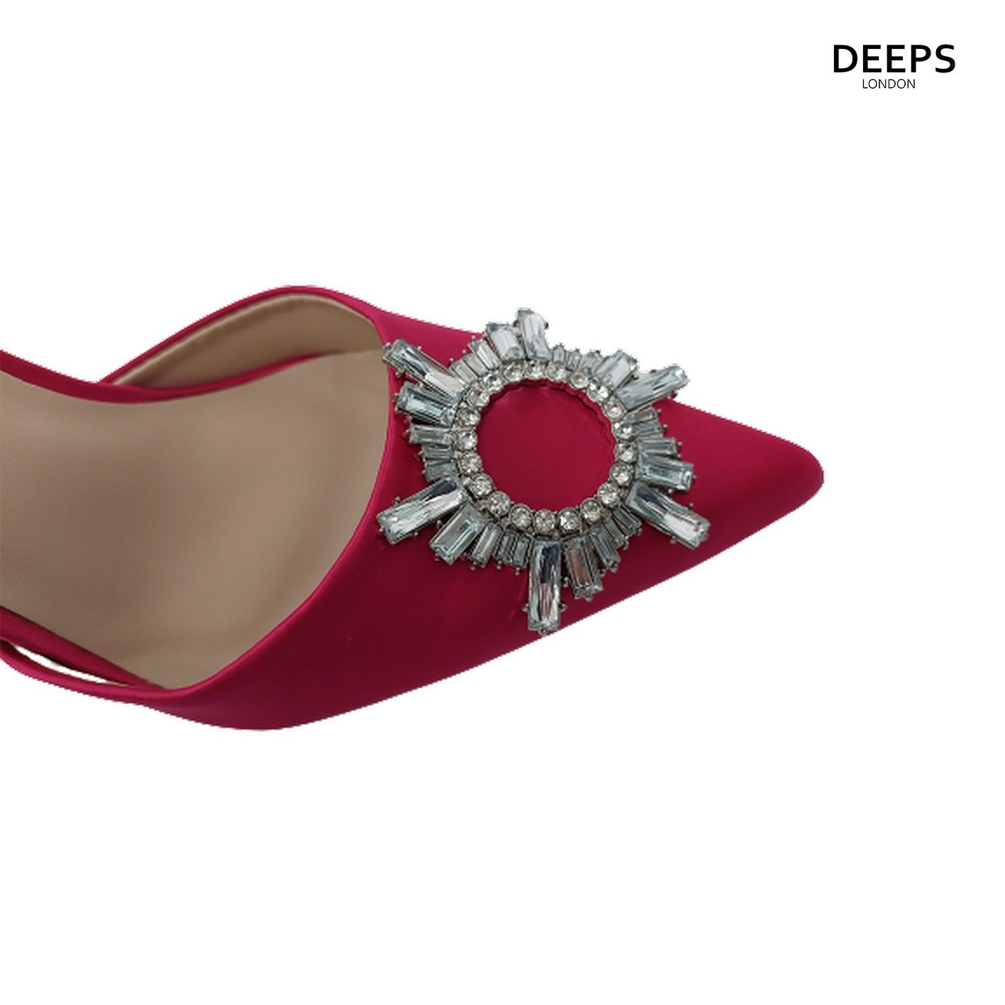 Close-up of the diamante detail on women's satin court shoes in Fuchsia, highlighting their elegant features from DeepsLondon.