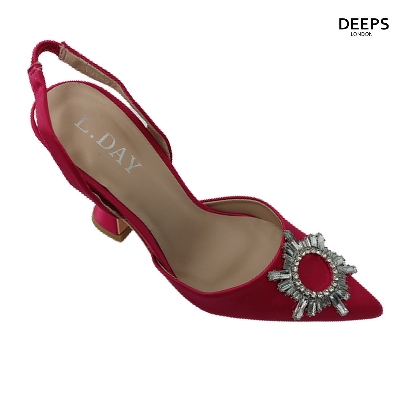 Front view of women's satin court shoes with diamante detail in Fuchsia, an elegant choice for London occasions.