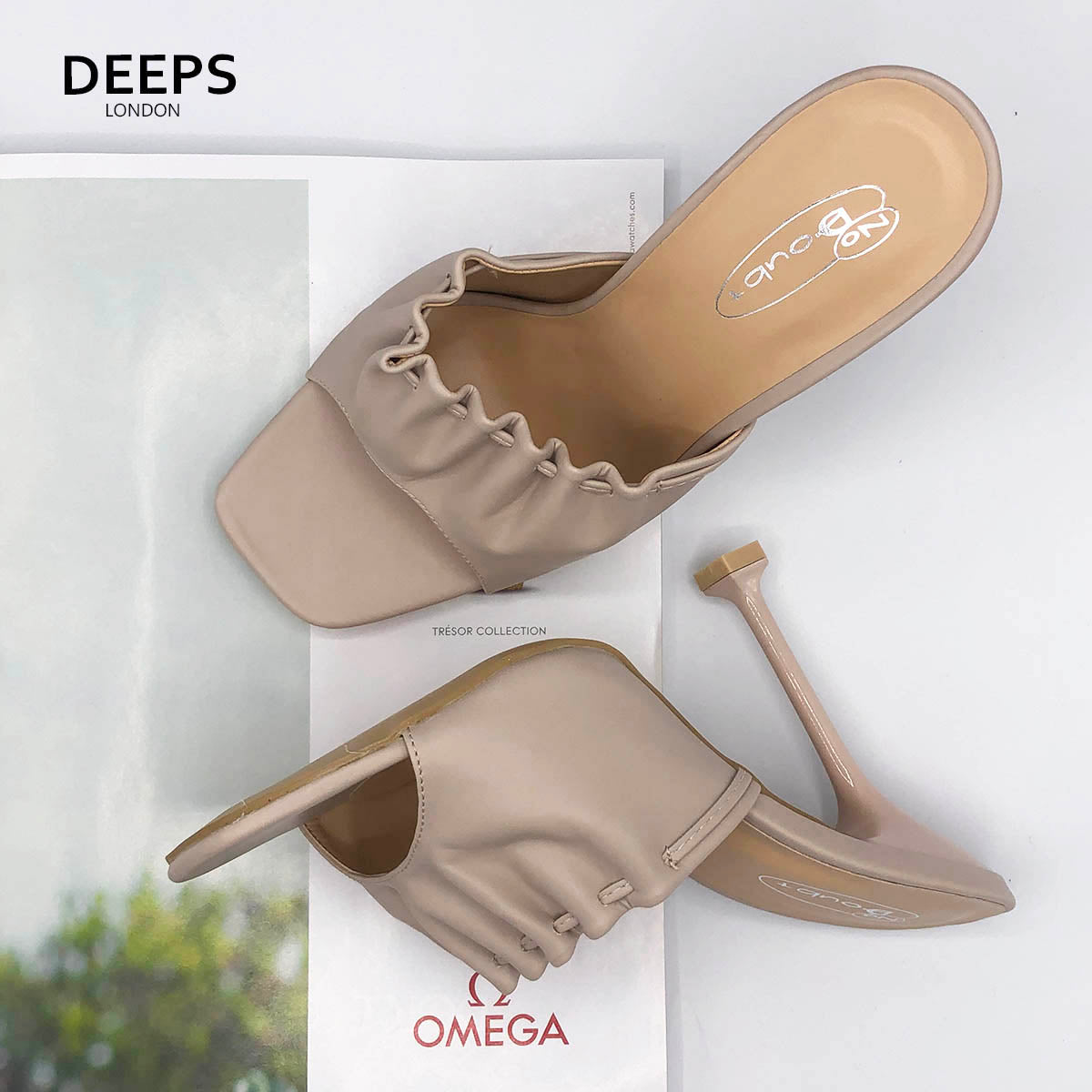 Front view of women's Sofy strappy square toe slip-on heels in beige, modern London style from DeepsLondon.
