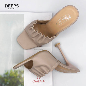 Front view of women's Sofy strappy square toe slip-on heels in beige, modern London style from DeepsLondon.