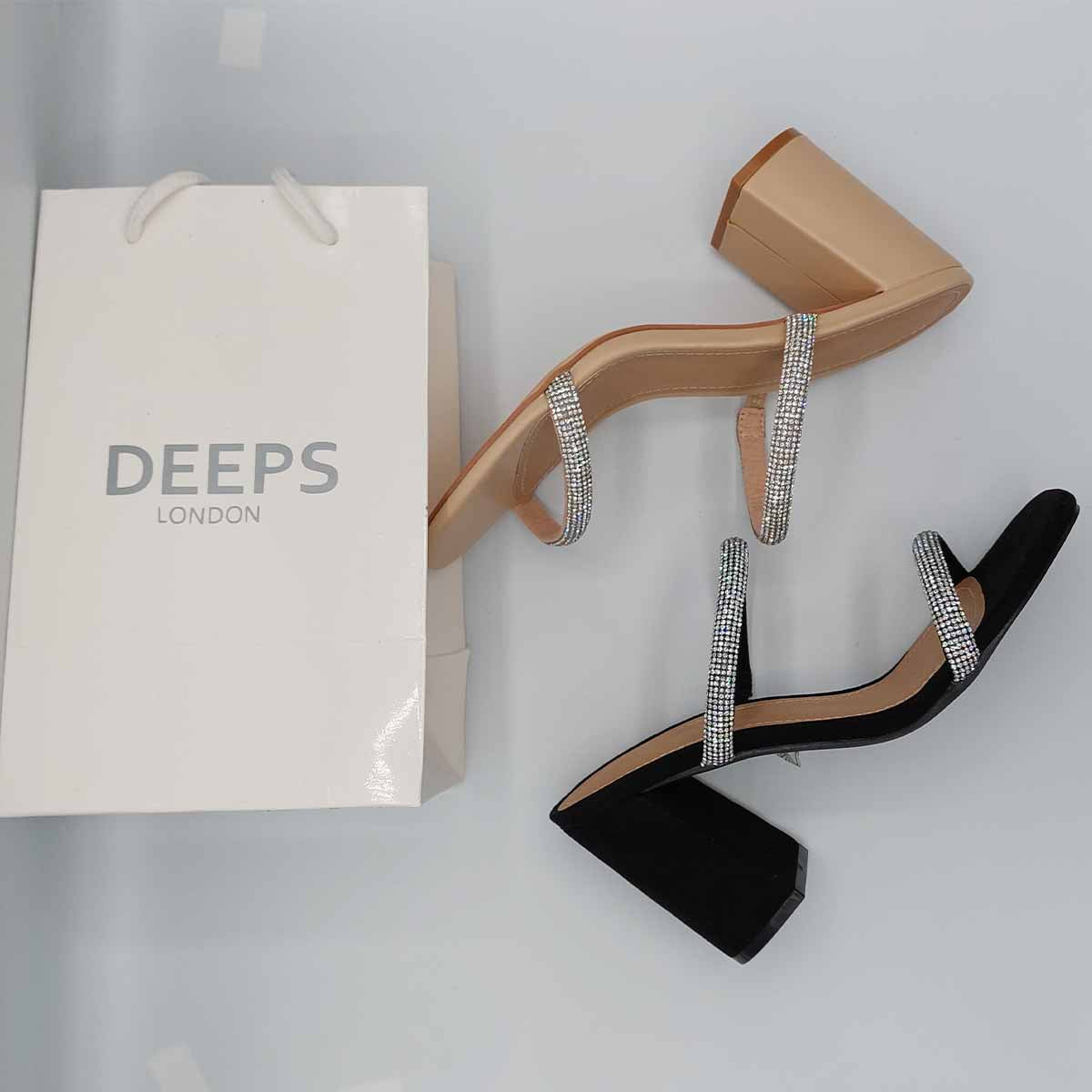 Front view of women's Starlight diamante chunky heel mules in beige, black, glamorous slip-on style for London from DeepsLondon.