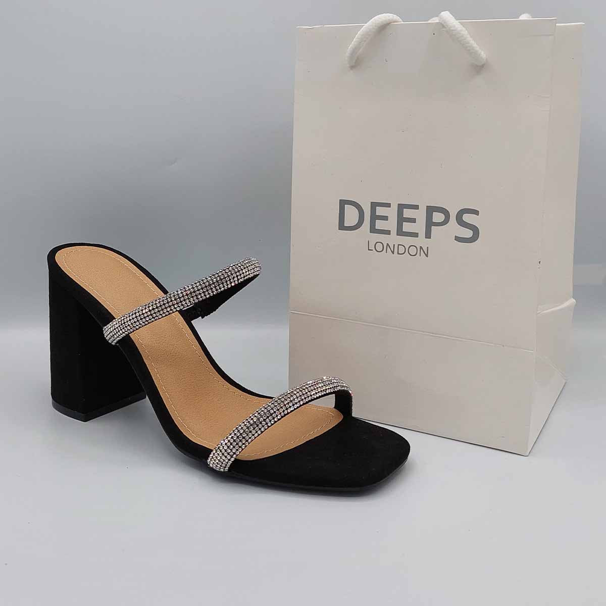 Front view of women's Starlight diamante chunky heel mules in black, glamorous slip-on style for London from DeepsLondon.
