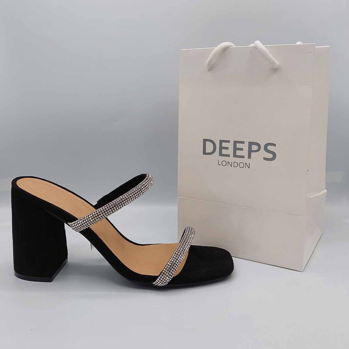 Side profile of women's Starlight diamante chunky heel mules in black, showcasing the chunky heel and sparkling strap detailing for London fashion.