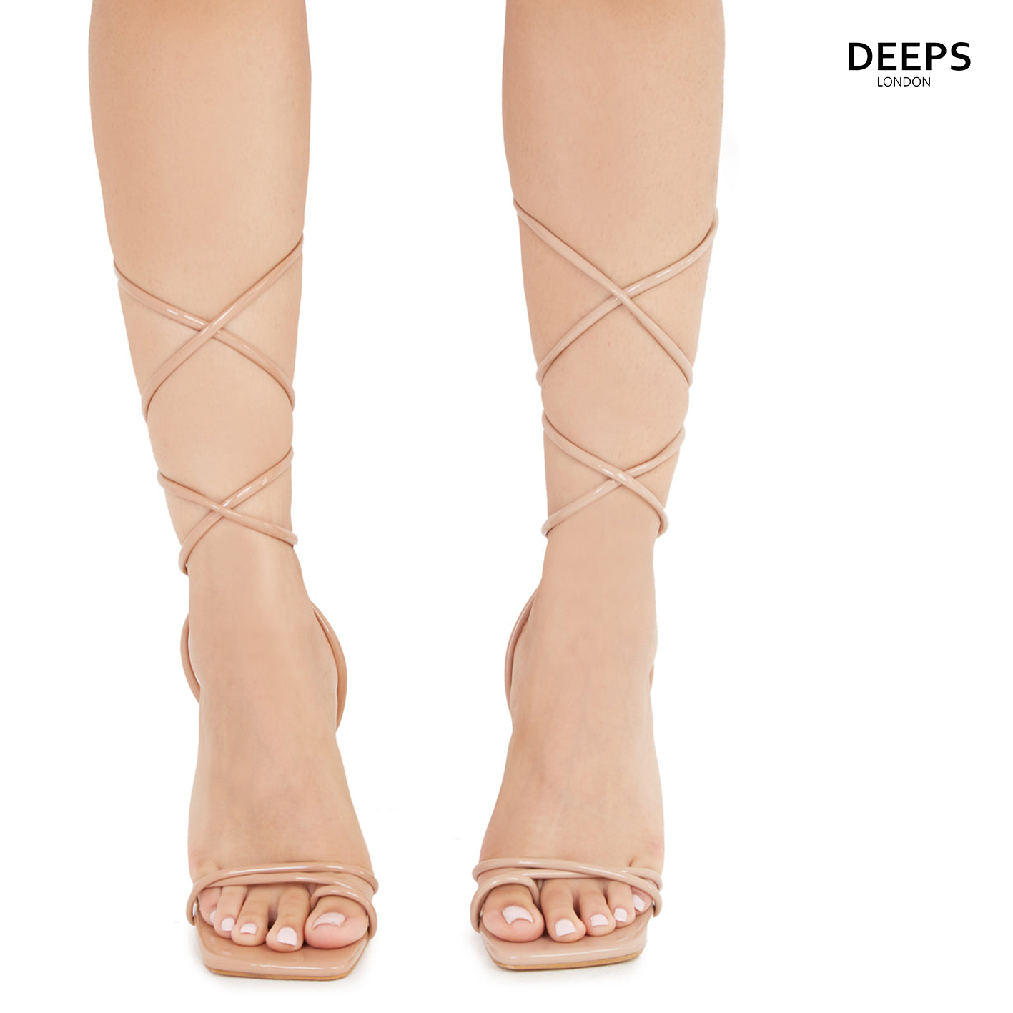 Front view of women's Talon lace-up square toe high heels with strappy toe post in mocha, fierce London style from DeepsLondon.