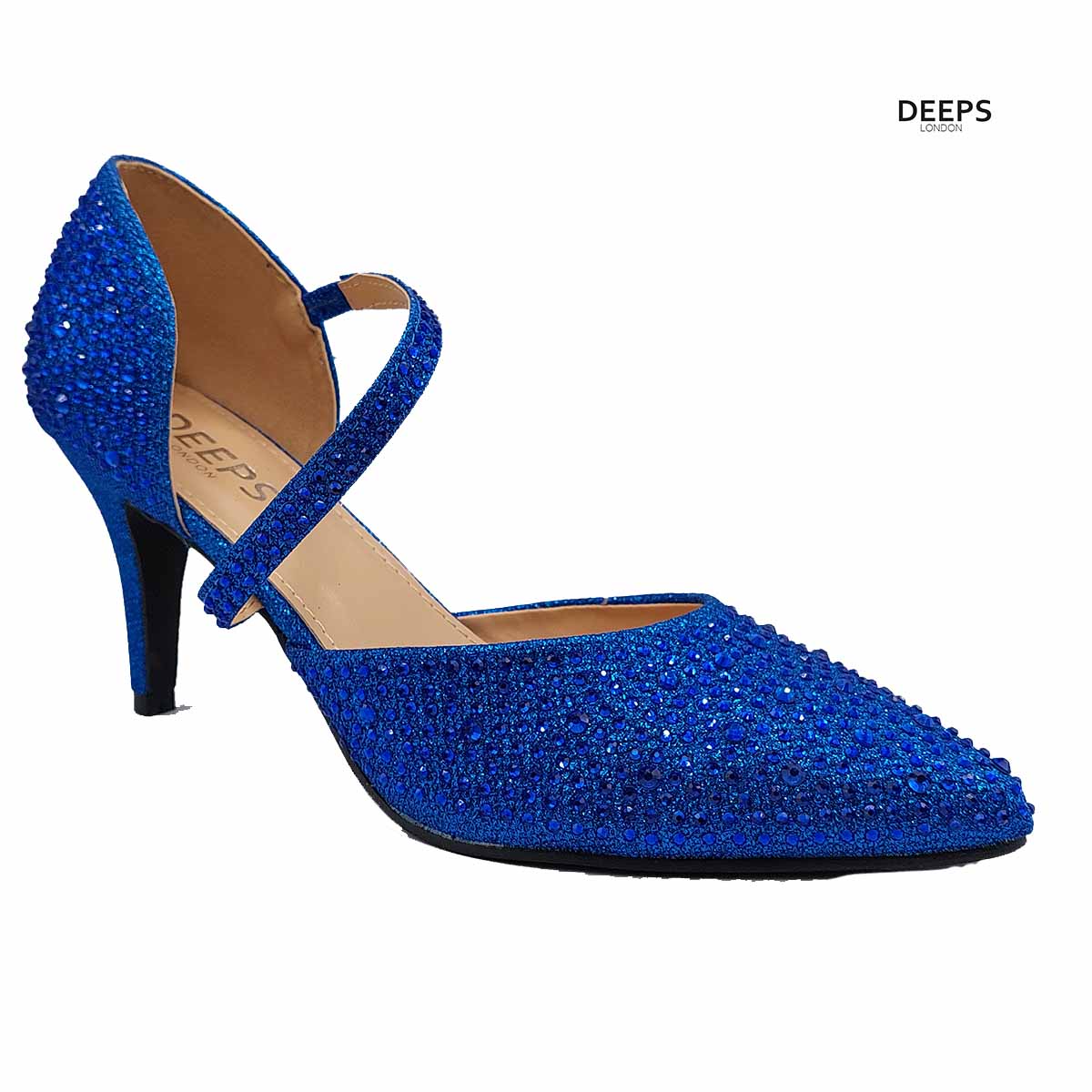 Front view of Winne diamante ankle strap kitten heel court shoes in Navy Diamond, showcasing the elegant kitten heel and sparkling ankle strap, London style from DeepsLondon.
