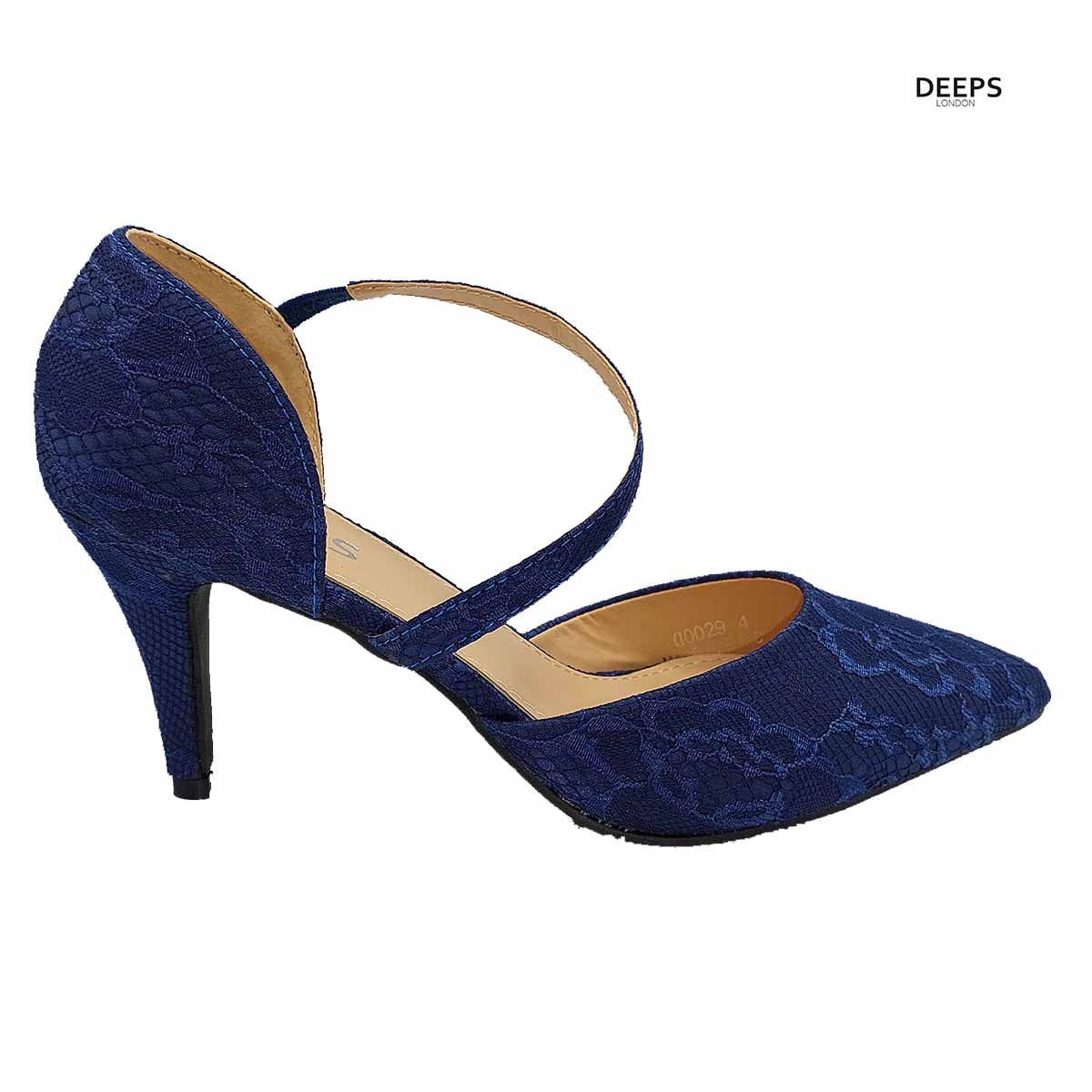 Side profile of Winne diamante ankle strap kitten heel court shoes in Navy Lace, highlighting the comfortable kitten heel and elegant lace strap design, London style from DeepsLondon.