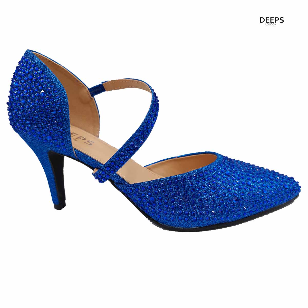 Side profile of Winne diamante ankle strap kitten heel court shoes in Navy Diamond, highlighting the comfortable kitten heel and stylish strap design, London style from DeepsLondon.