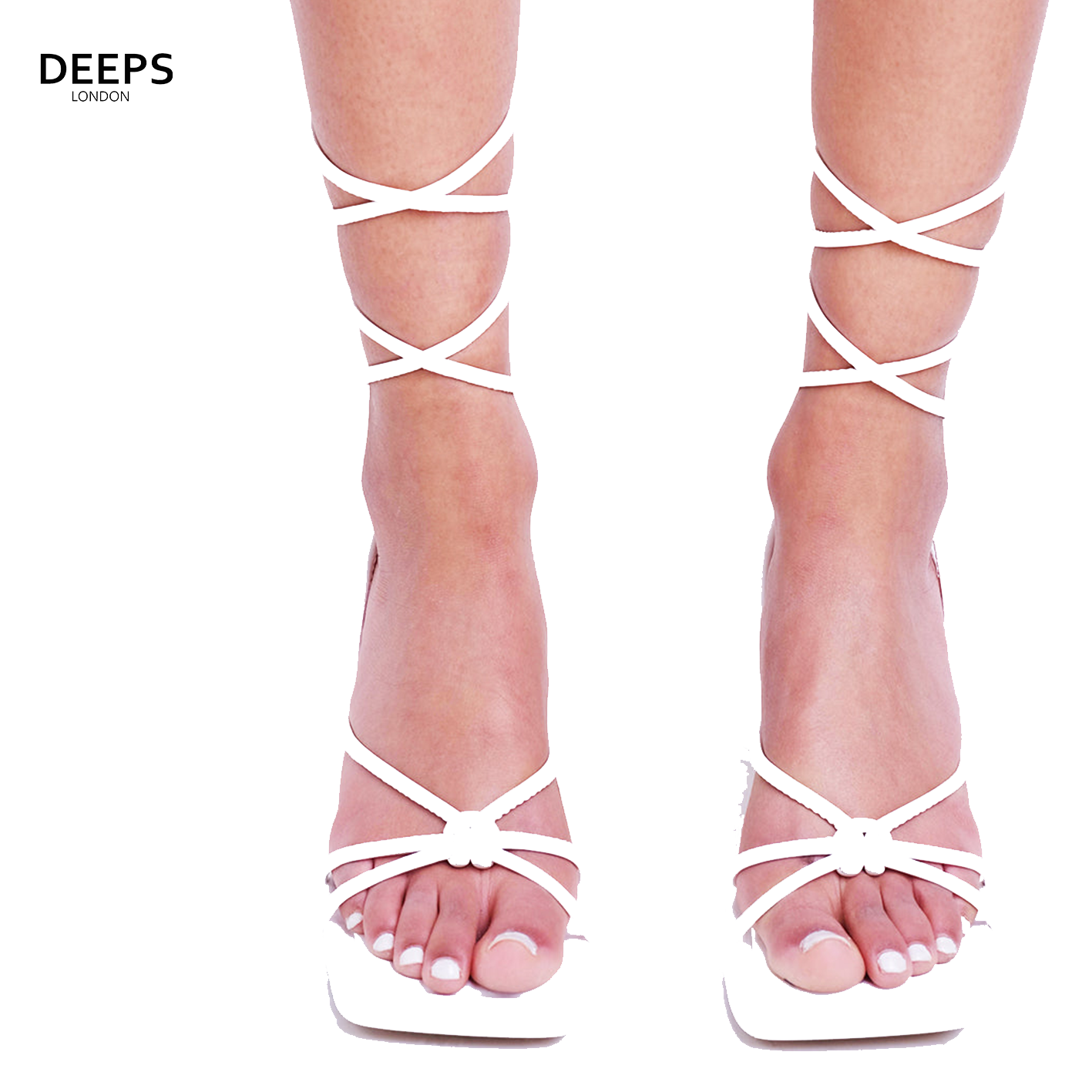 Front view of women's Xena lace-up block heel square toe sandals in white, bold London style from DeepsLondon.