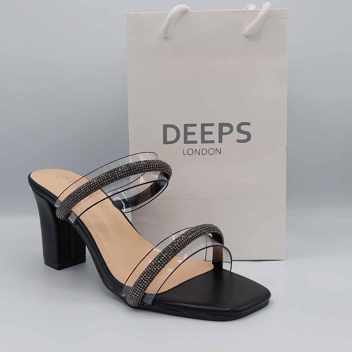 Front view of Yuna clear diamante chunky heel mules in black, showcasing the bold chunky heel and sparkling diamante details, London style from DeepsLondon.
