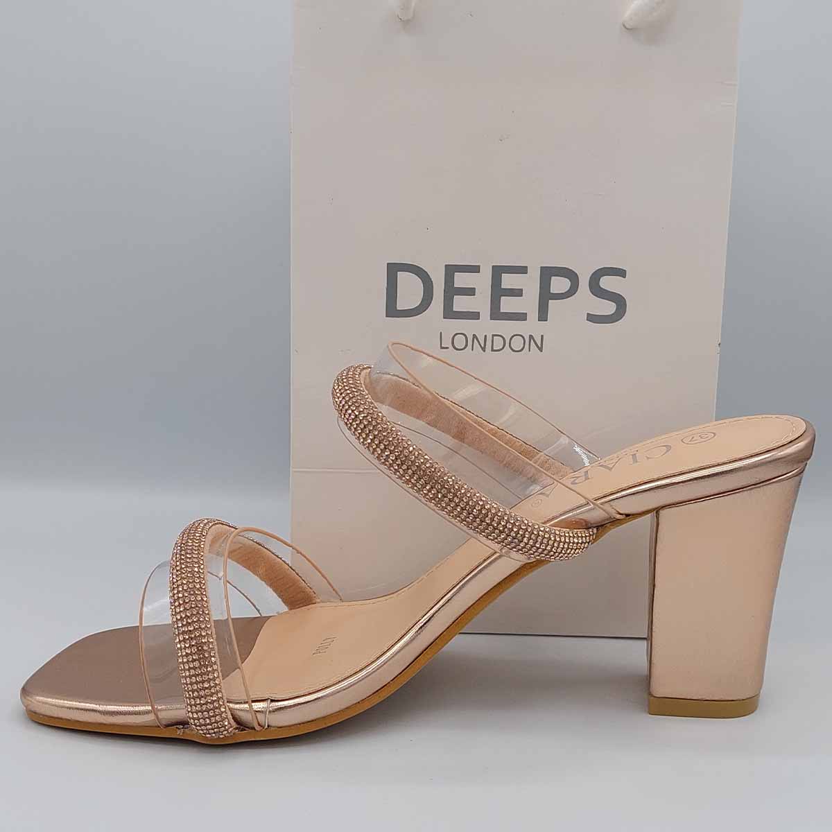 Close-up of the diamante details on Yuna chunky heel mules in champagne, showcasing the exquisite sparkle, London style from DeepsLondon.