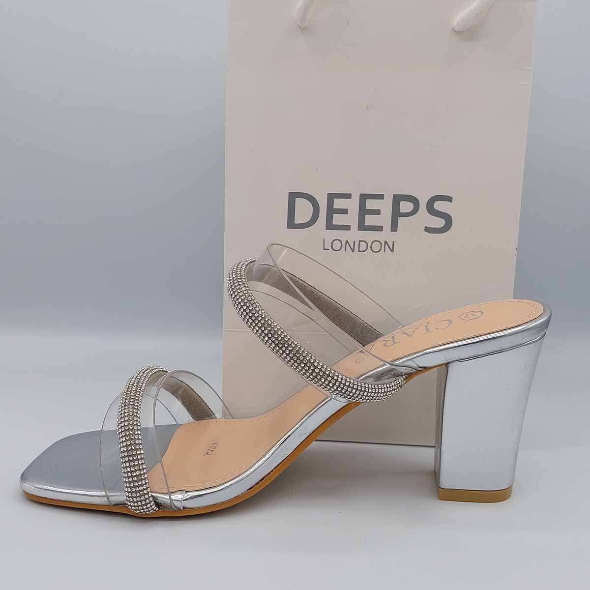 Close-up of the diamante details on Yuna chunky heel mules in silver, showcasing the exquisite sparkle, London style from DeepsLondon.
