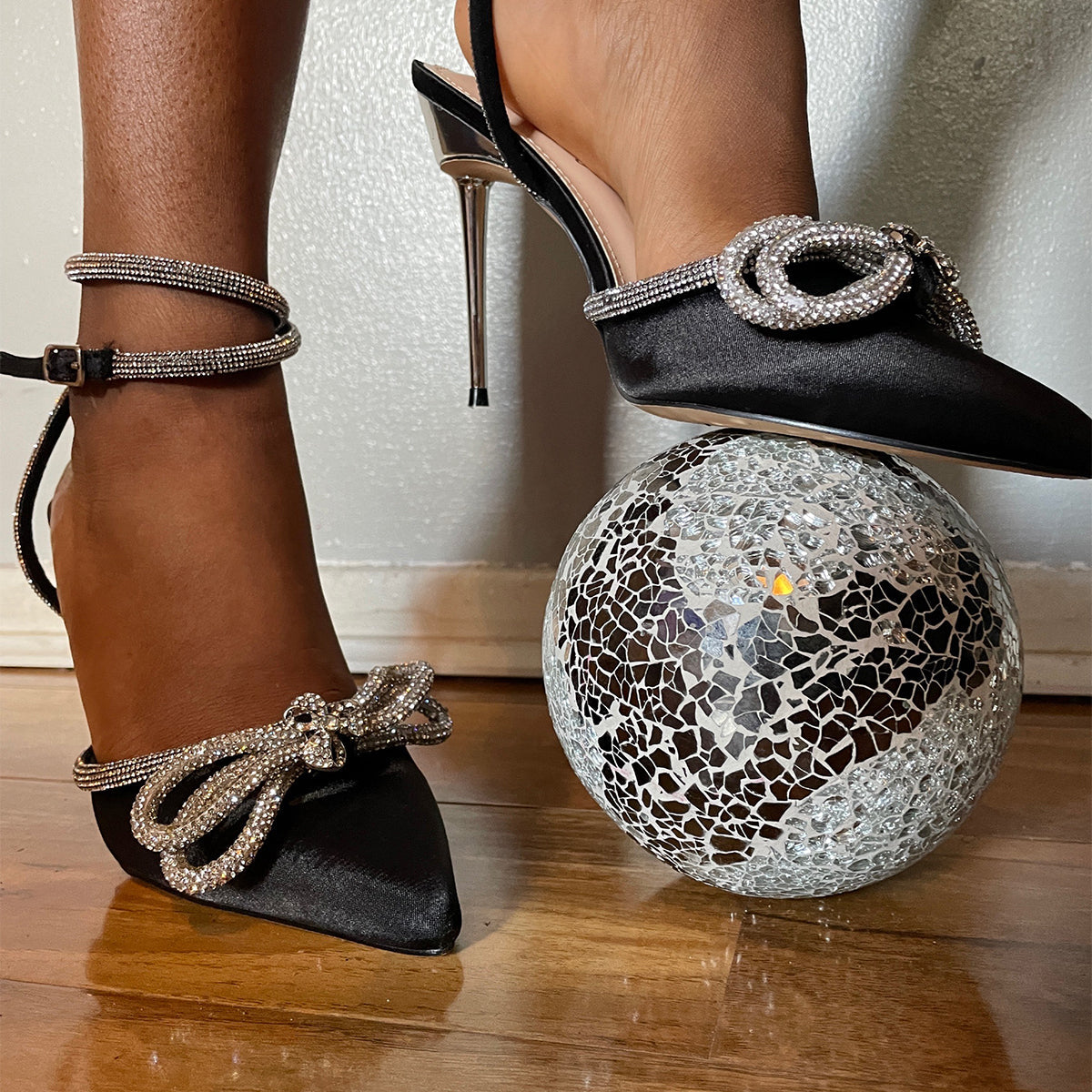 Front view of Zala double bow court heels in black satin, showcasing the elegant silhouette and double bow detail, London style from DeepsLondon.