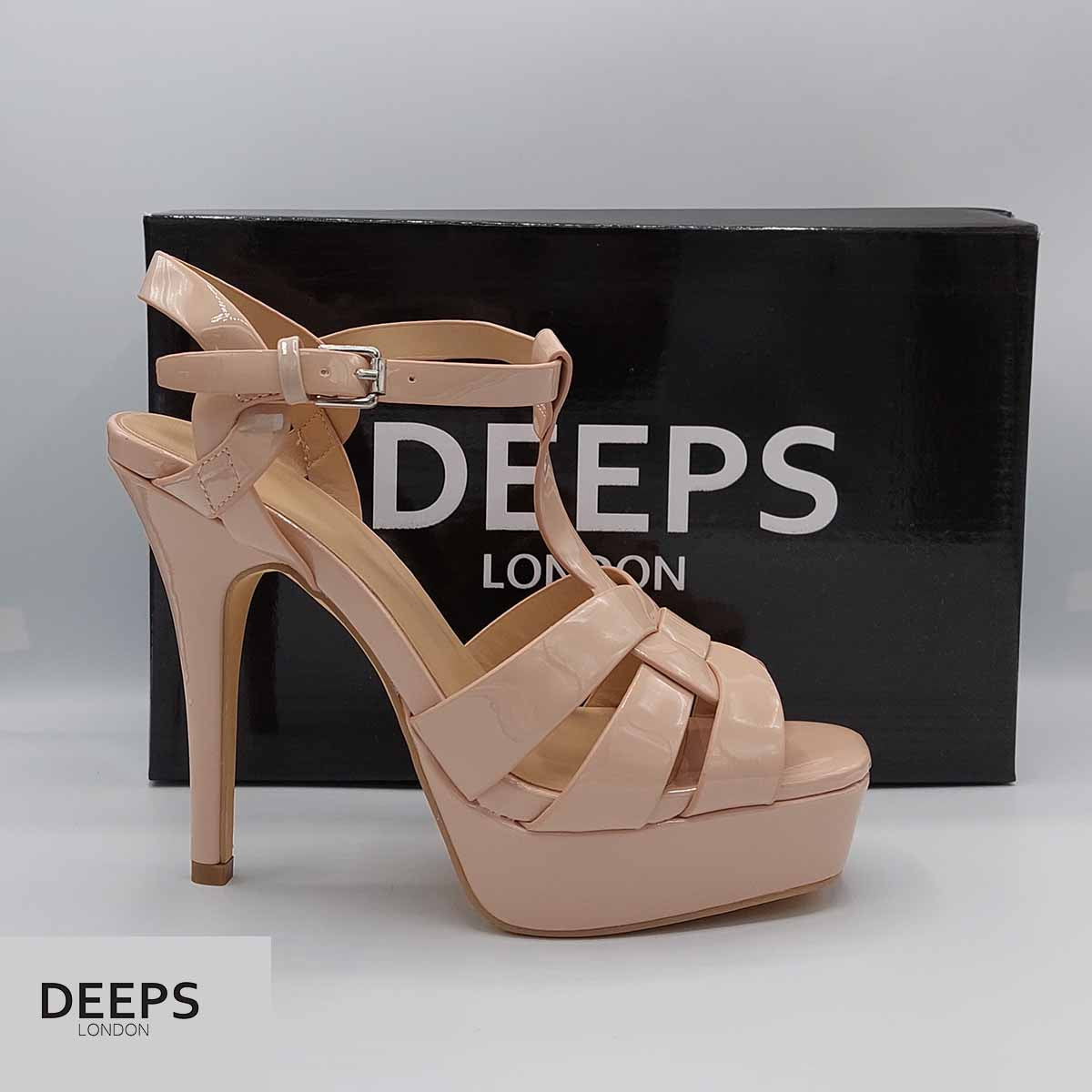 Side profile of women's Zenith platform T-bar stiletto sandals with 11cm heel in nude patent, showcasing the stiletto heel and platform for London fashion.