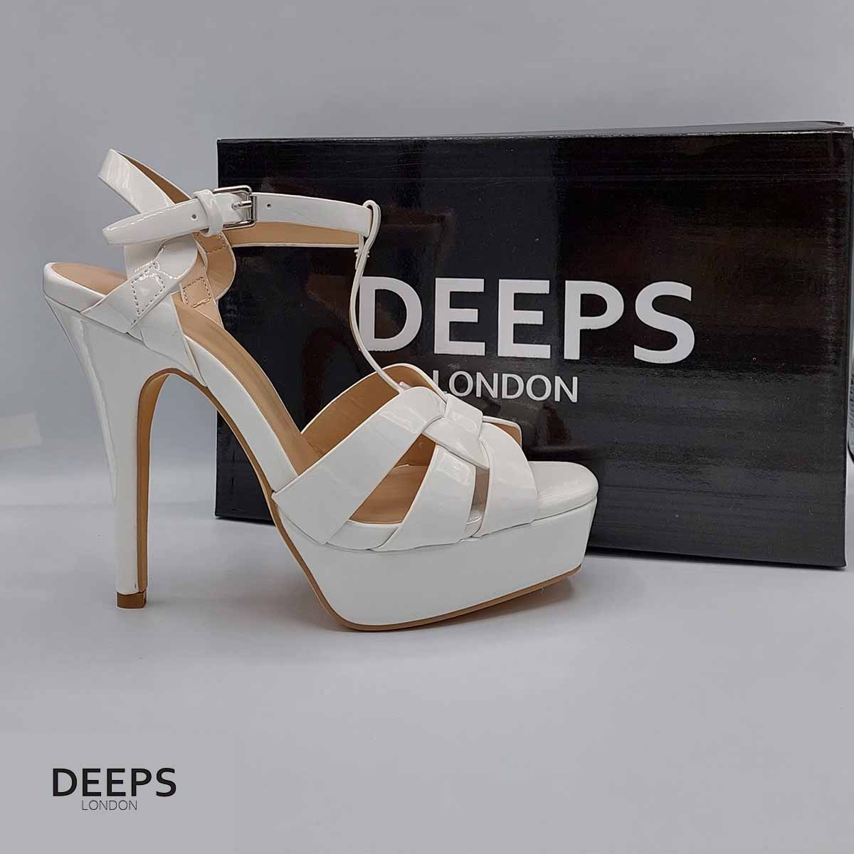 Side profile of women's Zenith platform T-bar stiletto sandals with 11cm heel in white patent, showcasing the stiletto heel and platform for London fashion.